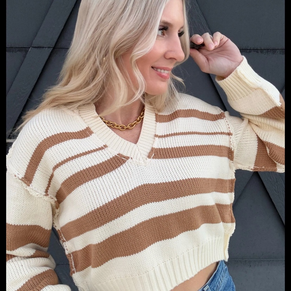 Papermoon Cream and Brown V-Neck Sweater with Stripes